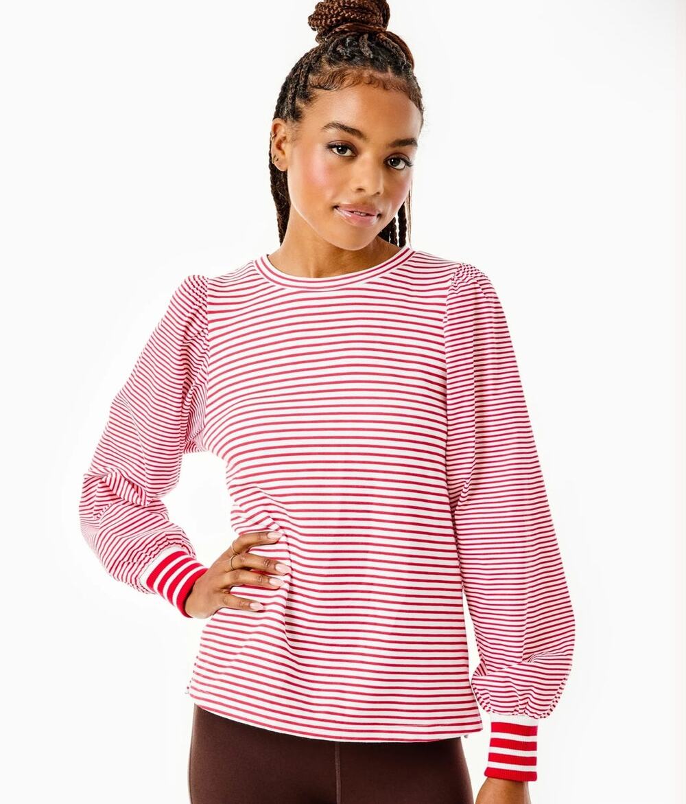 Addison Bay Penny Pullover White Red Cherry Stripe Longsleeve SMALL New